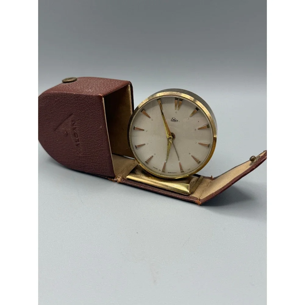 Vintage Emes Travel Alarm Clock Germany Mechanical Wind Folding Case 1960s #1123